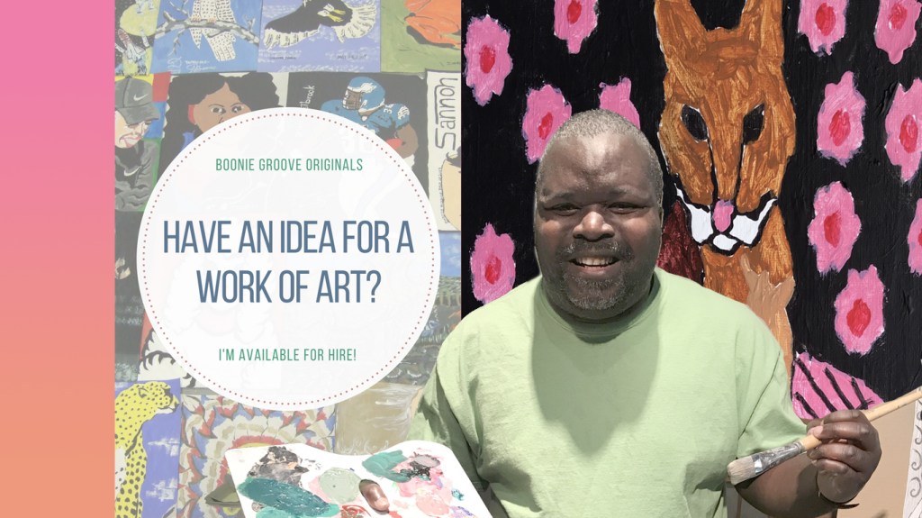 Dwayne Boone Paints Commissions, picture of Dwayne holding a paintbrush with a beautiful picture of a cat with a  background of pink flowers, that he had done for a client.