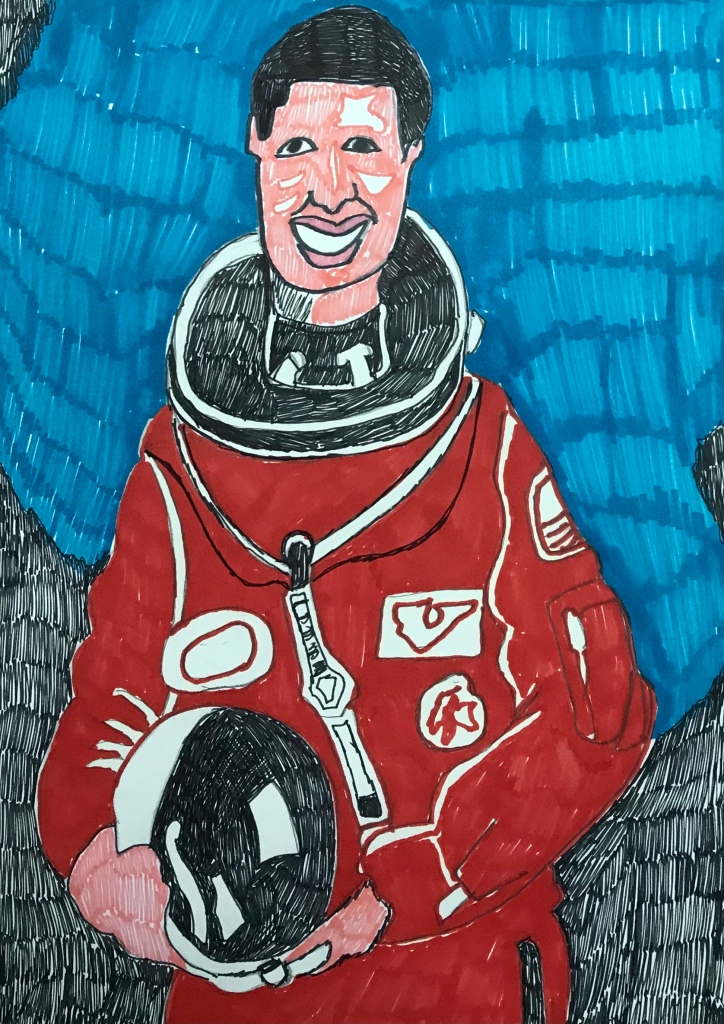 A blue and red marker drawing of Mae Jemison. She is wearing a space suit with the head removed which she holds in her hands. 