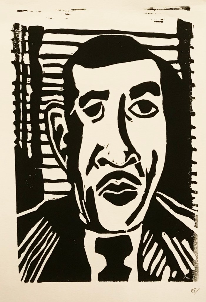 A graphic block print of Cecil B. Moore. There are vertical stripes behind his head. Black ink on white paper