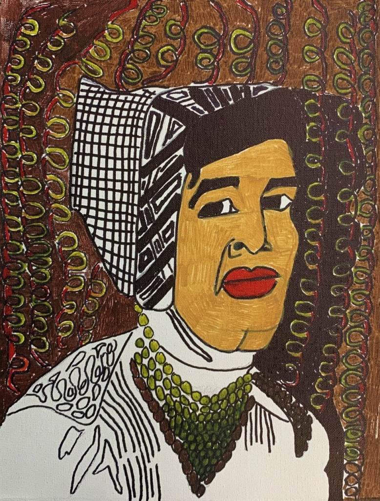 A painting of Zora Neale Hurtson from the shoulders up. She wears an ornate necklace and a patterned bonnet on her head. The background is brown and gold with a swirling pattern.
