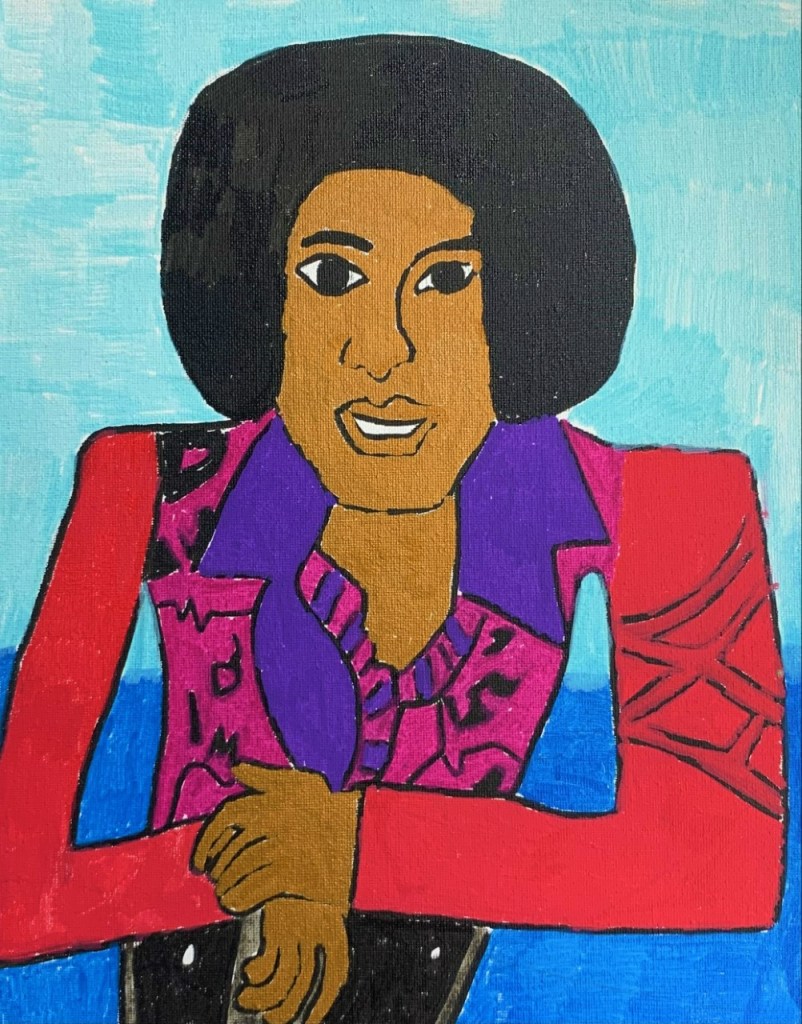 A colorful painting of Michael Jackson. He has an afro and wears a purple and red collared shirt. His arms are crossed in front of him and the background is blue.